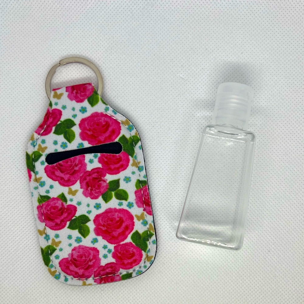 New Travel Essentials Kit Hand Sanitizer Bottle & Rose Holders Keyring Set